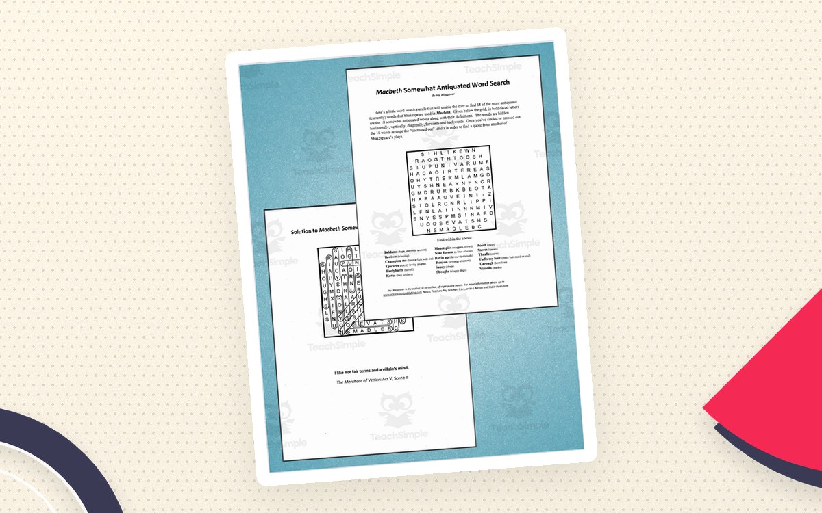 Word Search: Macbeth Somewhat Antiquated preview: A letter grid containing eighteen antiquated terms