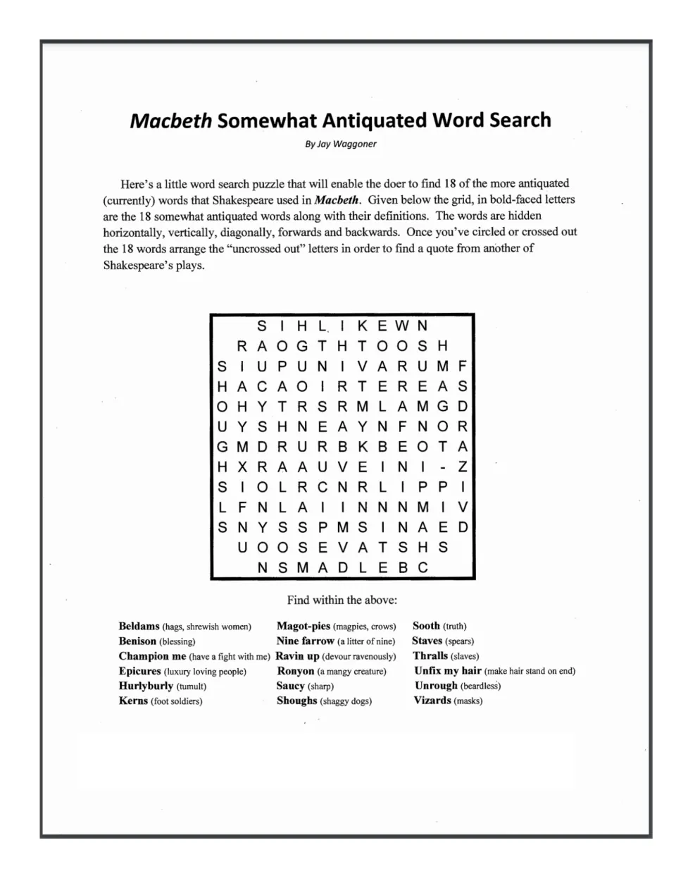 Macbeth vocabulary word search: students find 18 archaic words like beldams and hurlyburly, then decode a hidden quote