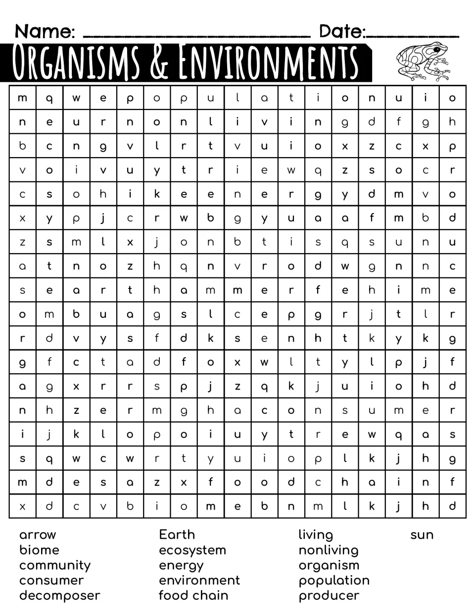 Organisms & Environments word search: students find 16 terms such as biome, ecosystem, producer, consumer and food chain