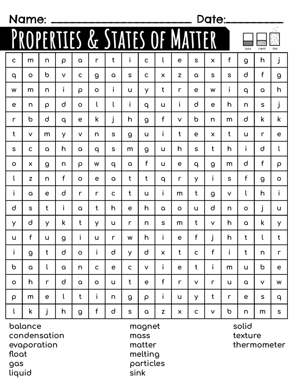 Matter vocabulary word search: students find 15 terms such as particles, evaporation, magnet, sink and thermometer