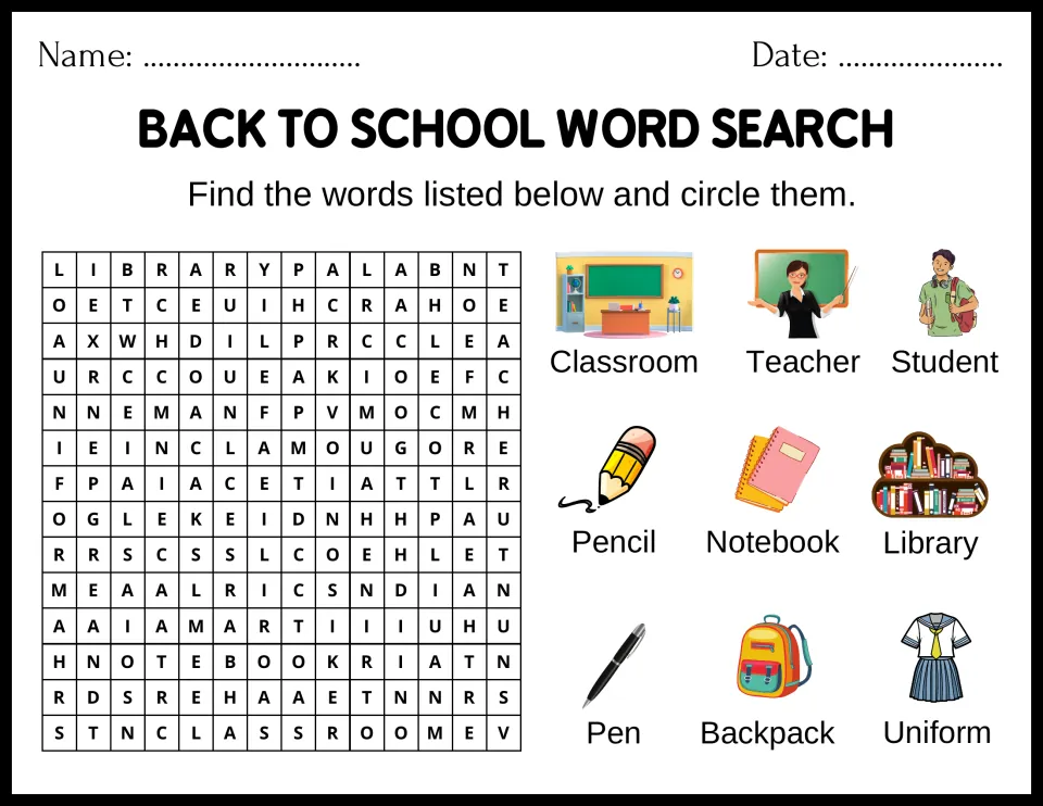 School people and places puzzle: students find and circle 9 pictured words, from classroom and teacher to backpack
