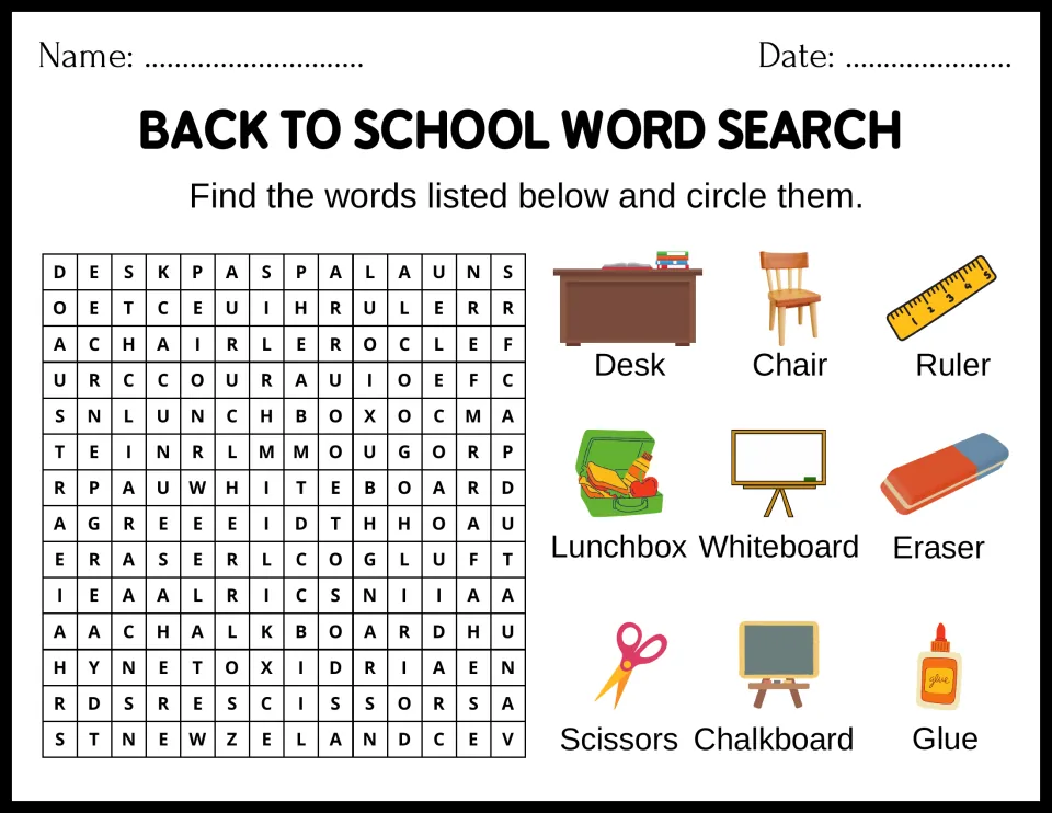 Classroom supplies puzzle: students circle 9 pictured words such as desk, chair, ruler, lunchbox, whiteboard and scissors