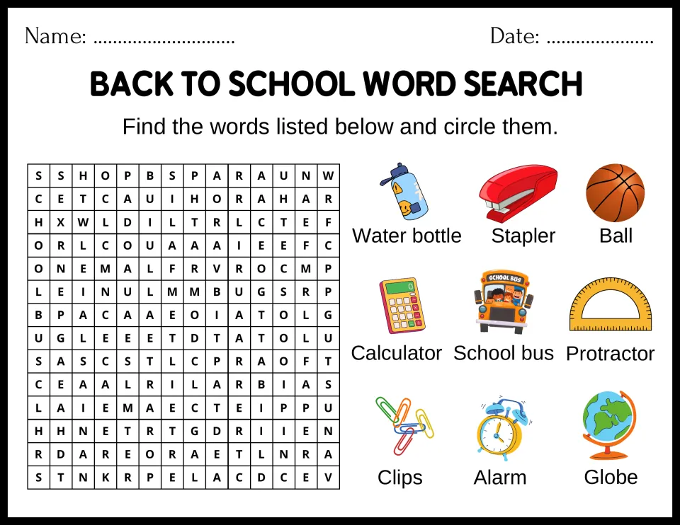 School objects puzzle: students find and circle 9 illustrated words, including water bottle, stapler, school bus and globe
