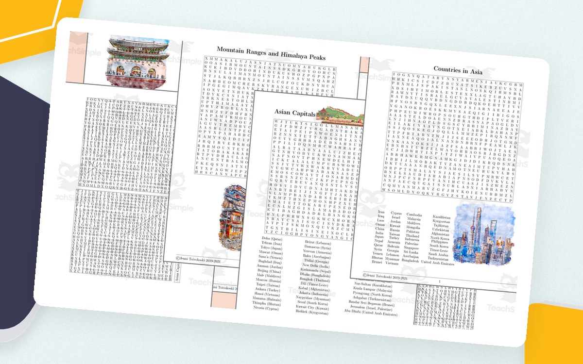 Asia word-search packet preview with country, capital, city, and regional vocabulary grids.