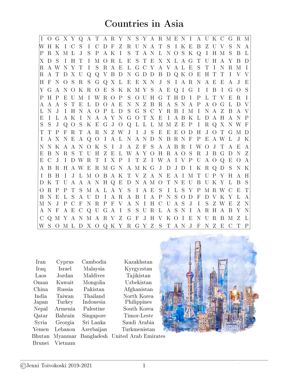 Countries in Asia word search: students find 50 country names such as Iran, Mongolia and Timor-Leste in the letters