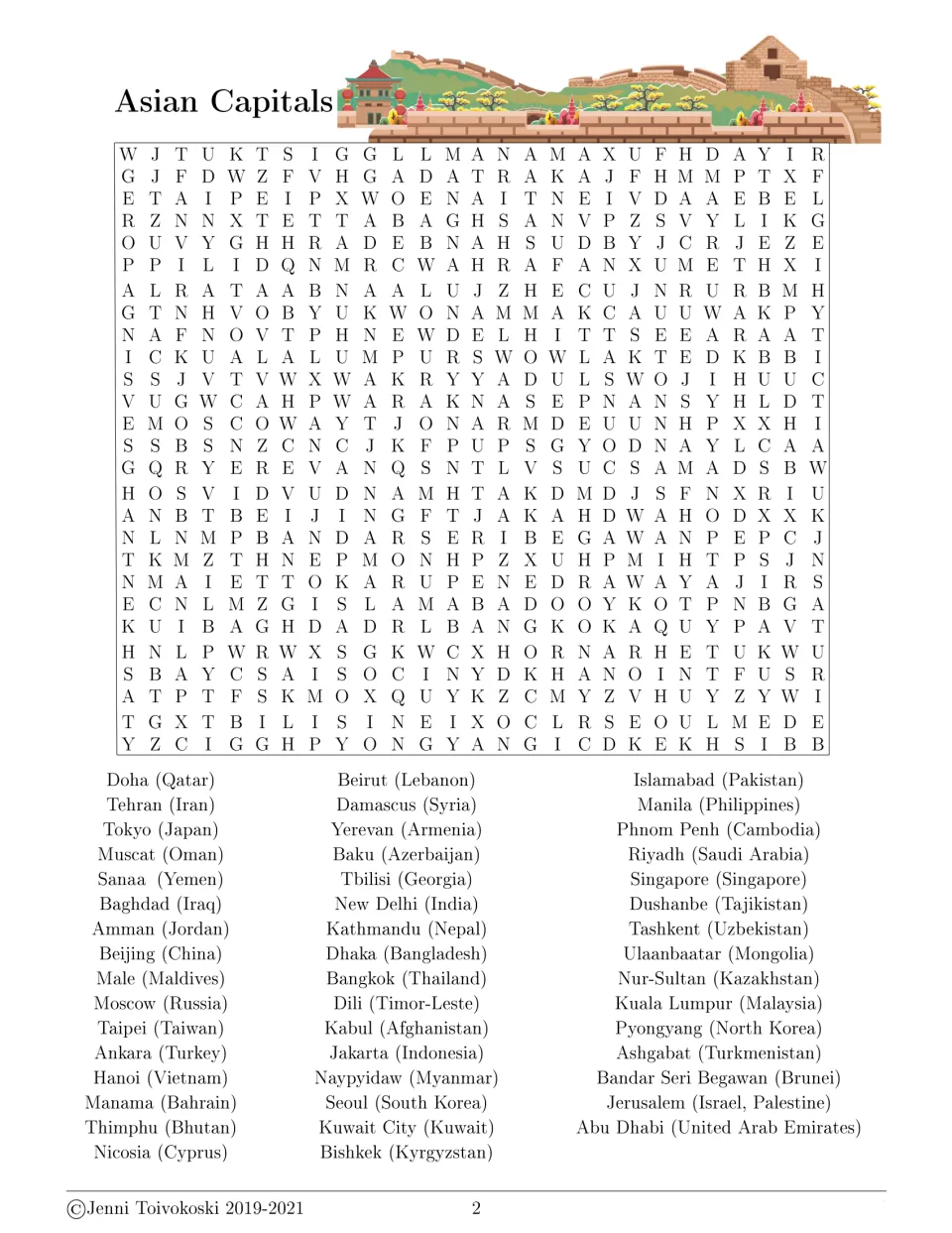 Asian Capitals word search: students find each capital, from Doha and Tokyo to Ulaanbaatar, listed with its country