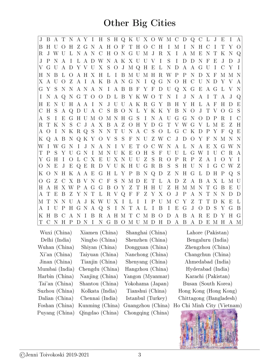 Other Big Cities word search: students find large Asian cities such as Wuxi, Mumbai, Karachi and Ho Chi Minh City