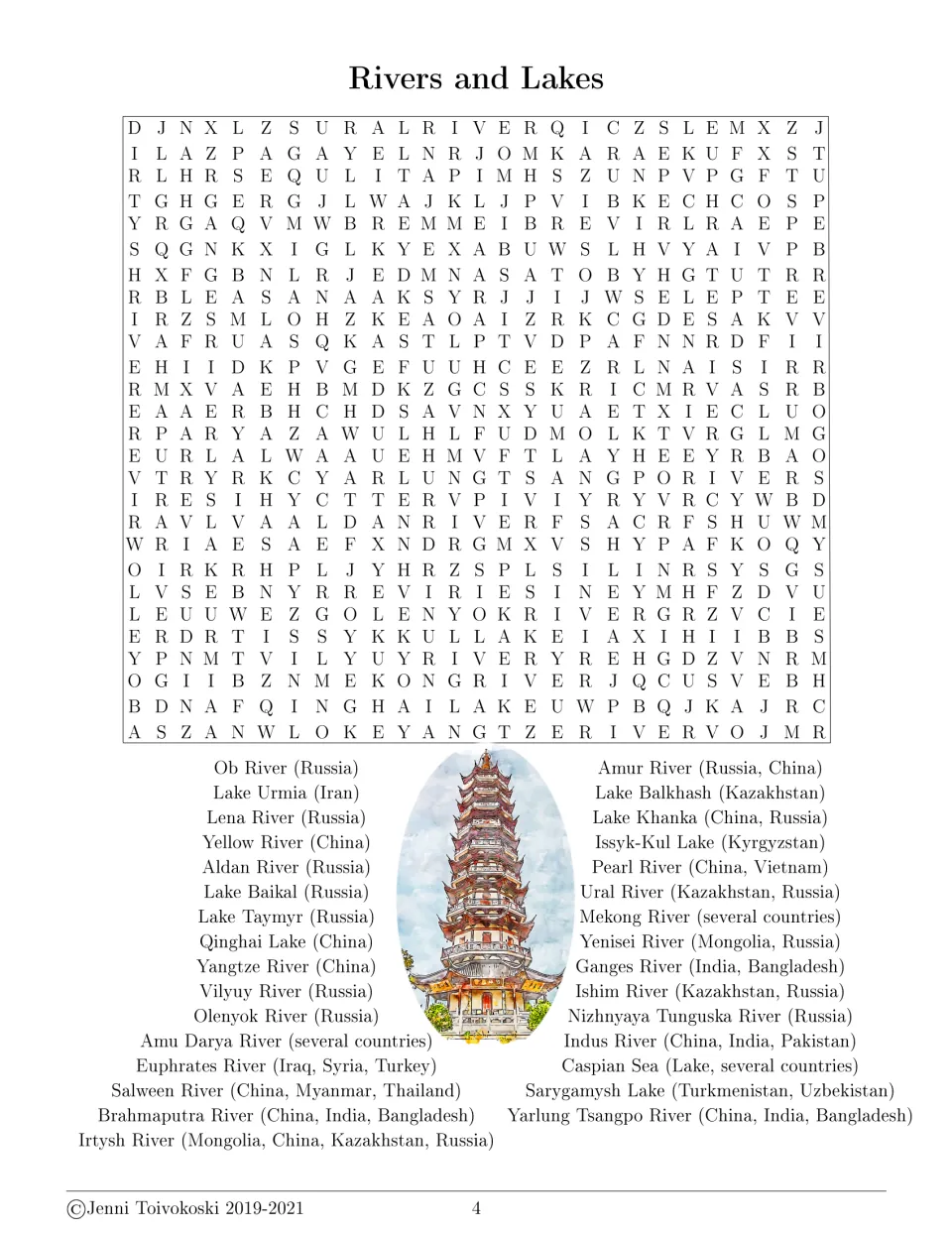 Rivers and Lakes word search: students find Asian waters like the Ob, Mekong, Ganges and Lake Baikal