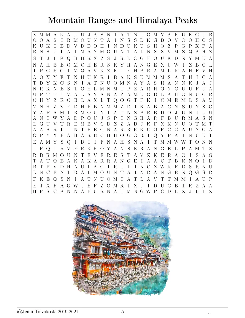 Mountain Ranges and Himalaya Peaks word search: students hunt for range and peak names; word list follows on page 6