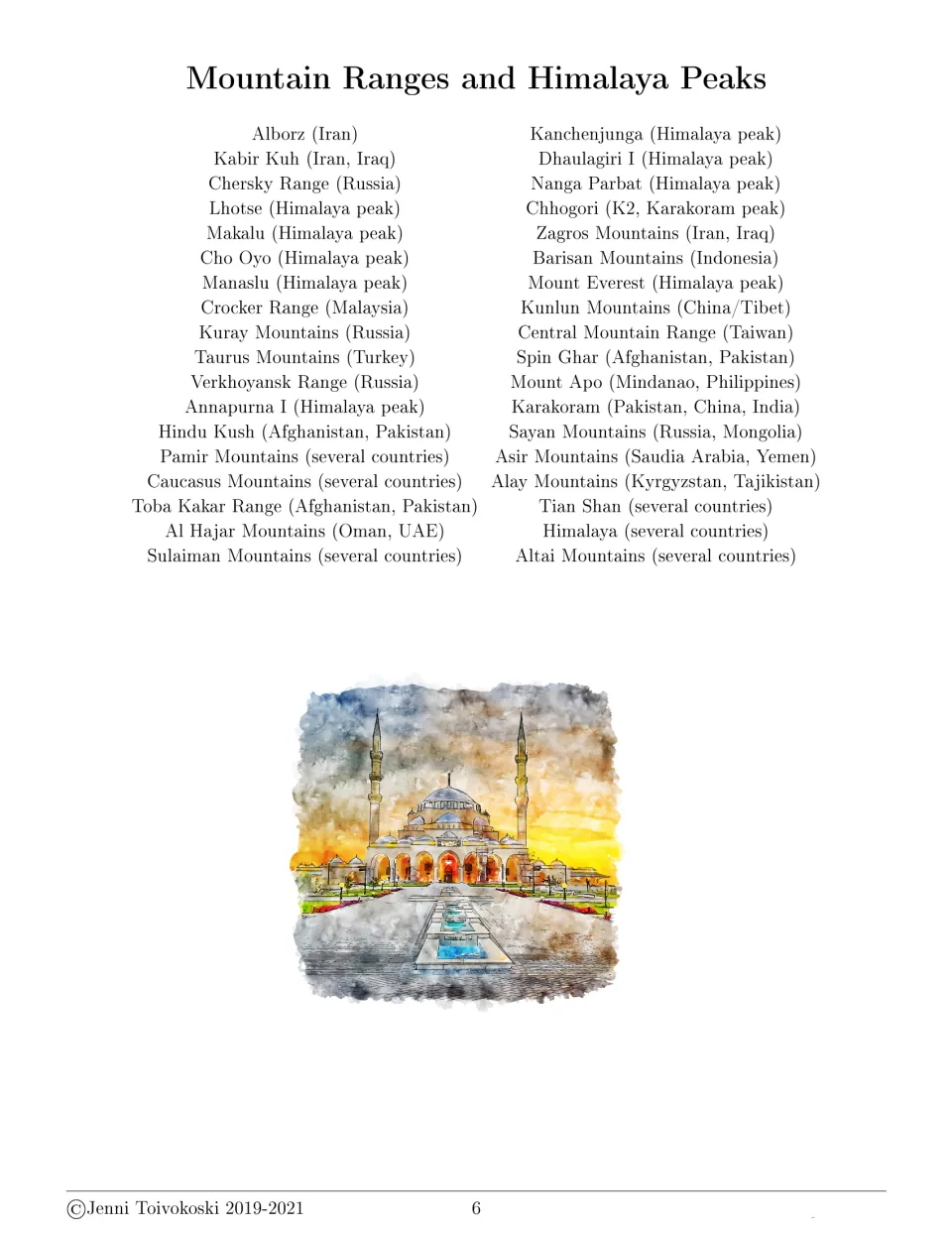 Word list for the mountains puzzle: Alborz, Lhotse, Mount Everest, K2, Tian Shan and more, each with its country