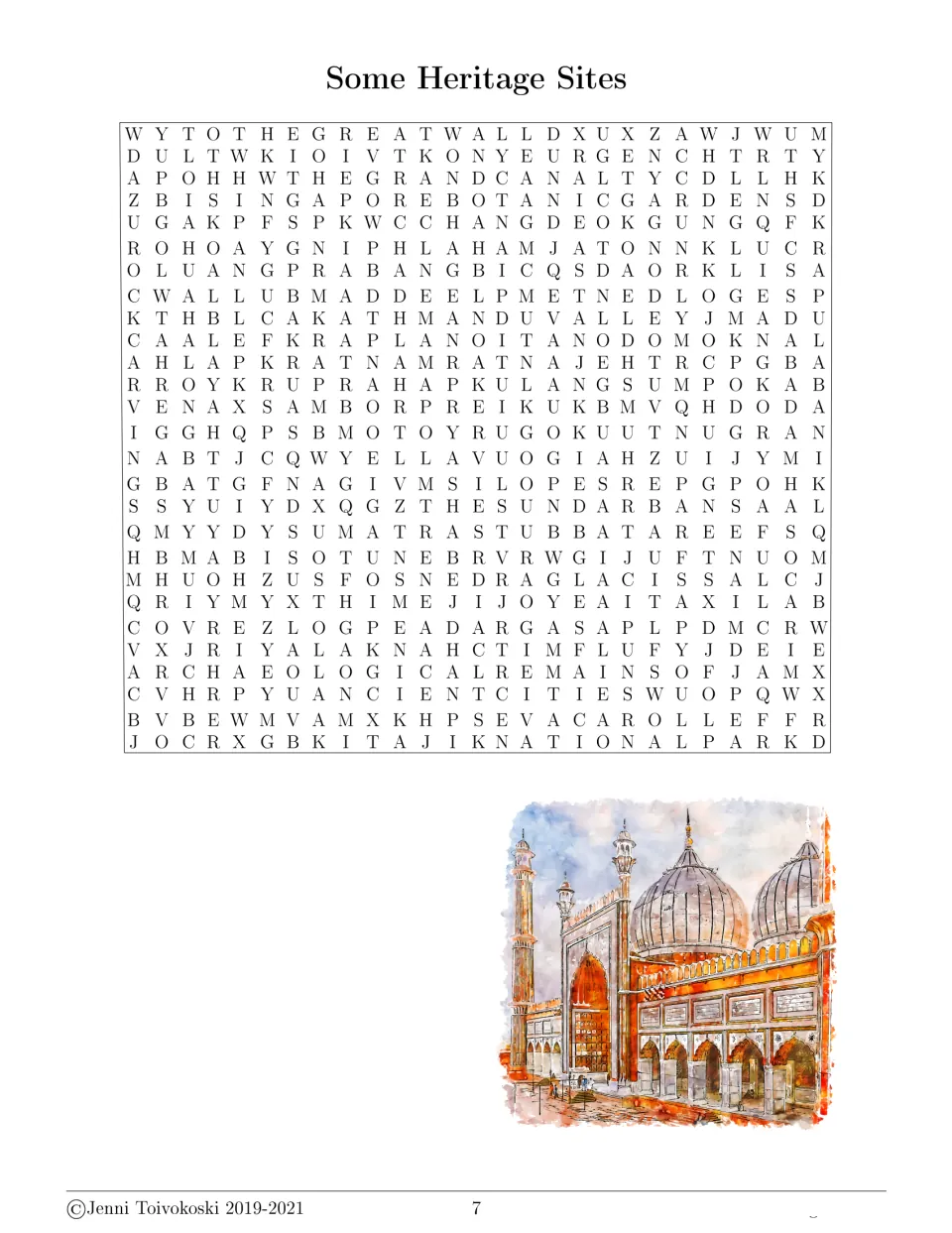 Some Heritage Sites word search puzzle, shown with a watercolor mosque; students search for site names listed on page 8