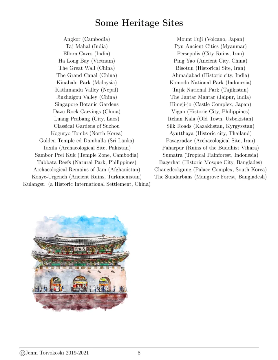Heritage site word list: Angkor, Taj Mahal, the Great Wall, Mount Fuji, Persepolis and others with their countries