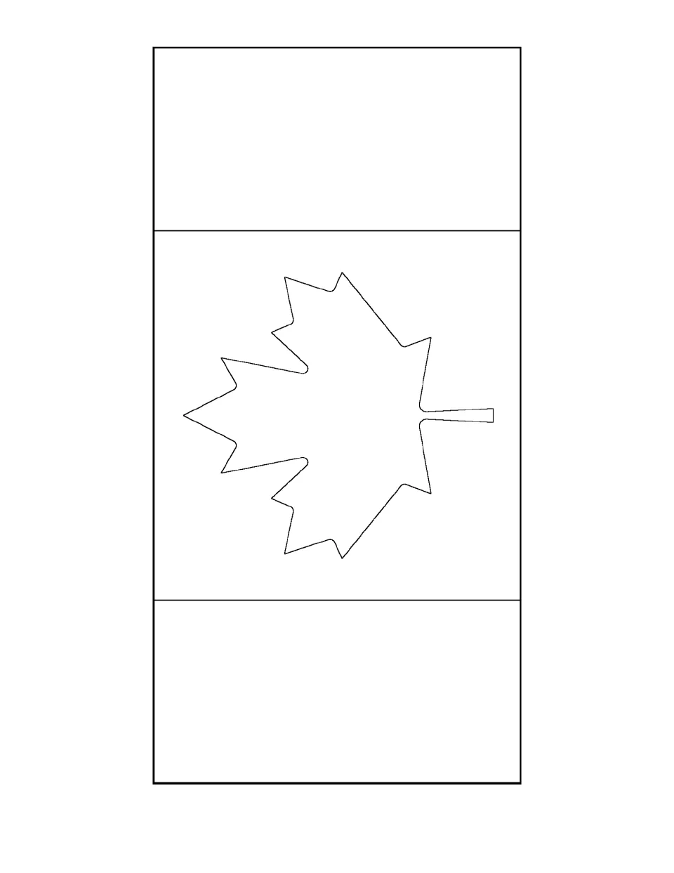 Canadian flag coloring page: an outline of the flag with the maple leaf in the center band, ready for students to color