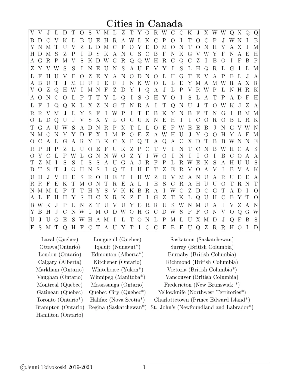 Cities in Canada word search: students find 31 city names, each listed with its province or territory