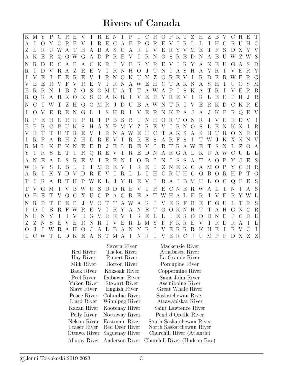 Rivers of Canada word search: students find 47 river names such as the Fraser, Peace and Saint Lawrence
