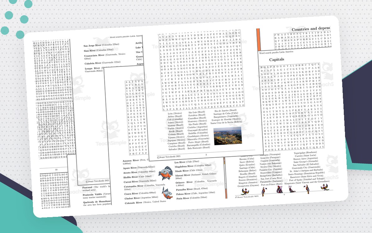 Latin America and Caribbean word-search collage with country, capital, and city grids.