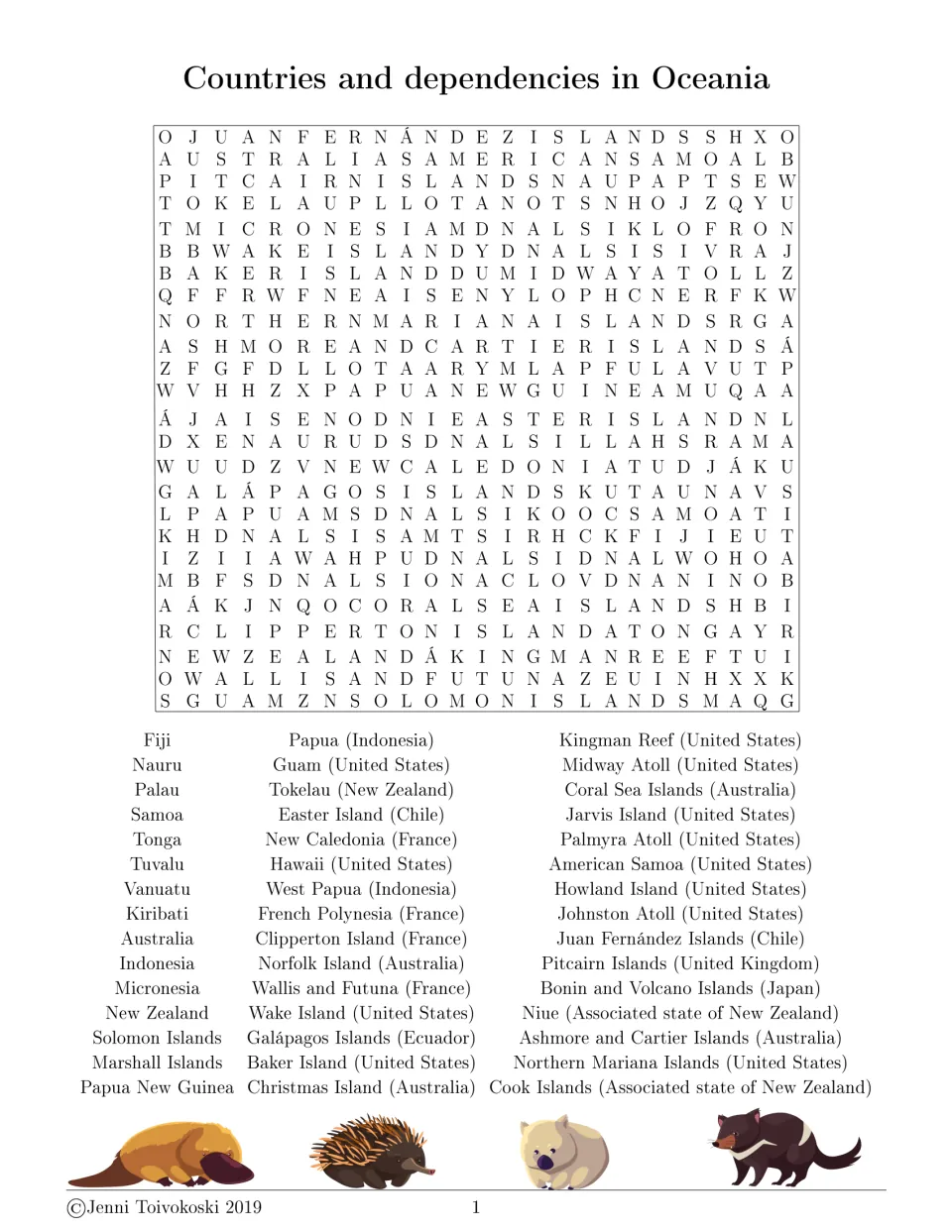Countries and dependencies in Oceania: students find 45 place names, from Fiji to Cook Islands, in a word search