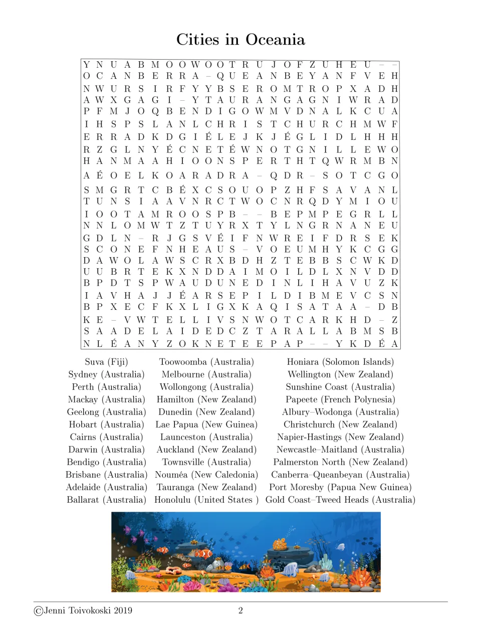 Cities in Oceania: students search for 36 cities such as Suva, Sydney, Auckland and Honolulu, listed with their countries