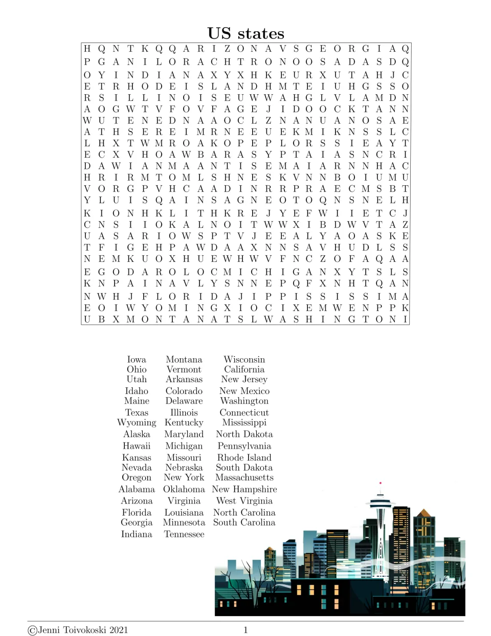 US states word search: students find all 50 state names, from Alaska and Hawaii to Rhode Island and West Virginia