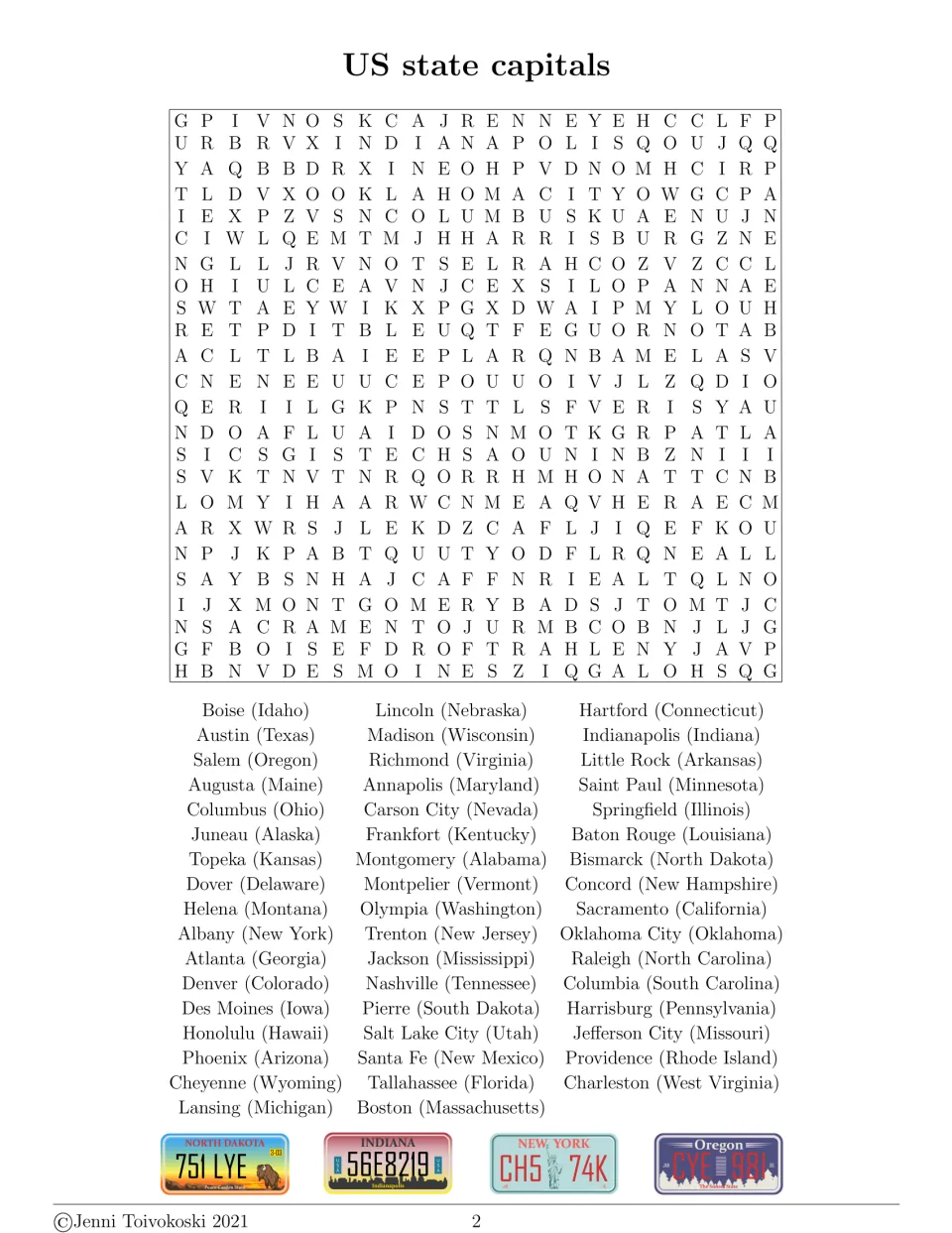 US state capitals word search: students find 50 capitals, each listed with its state, such as Boise (Idaho)