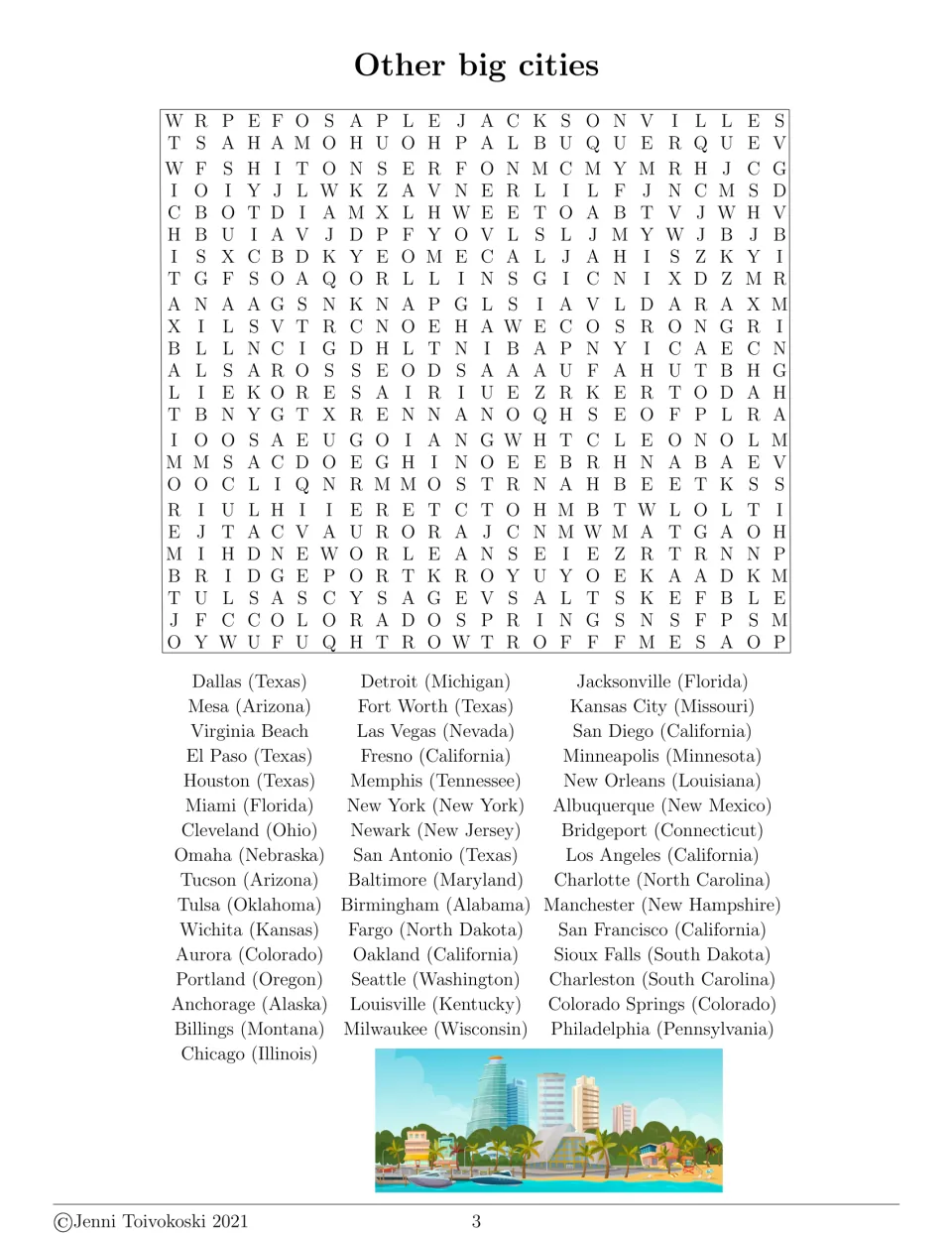 Other big cities word search: students hunt for US cities beyond the capitals, from Dallas and Tulsa to San Francisco