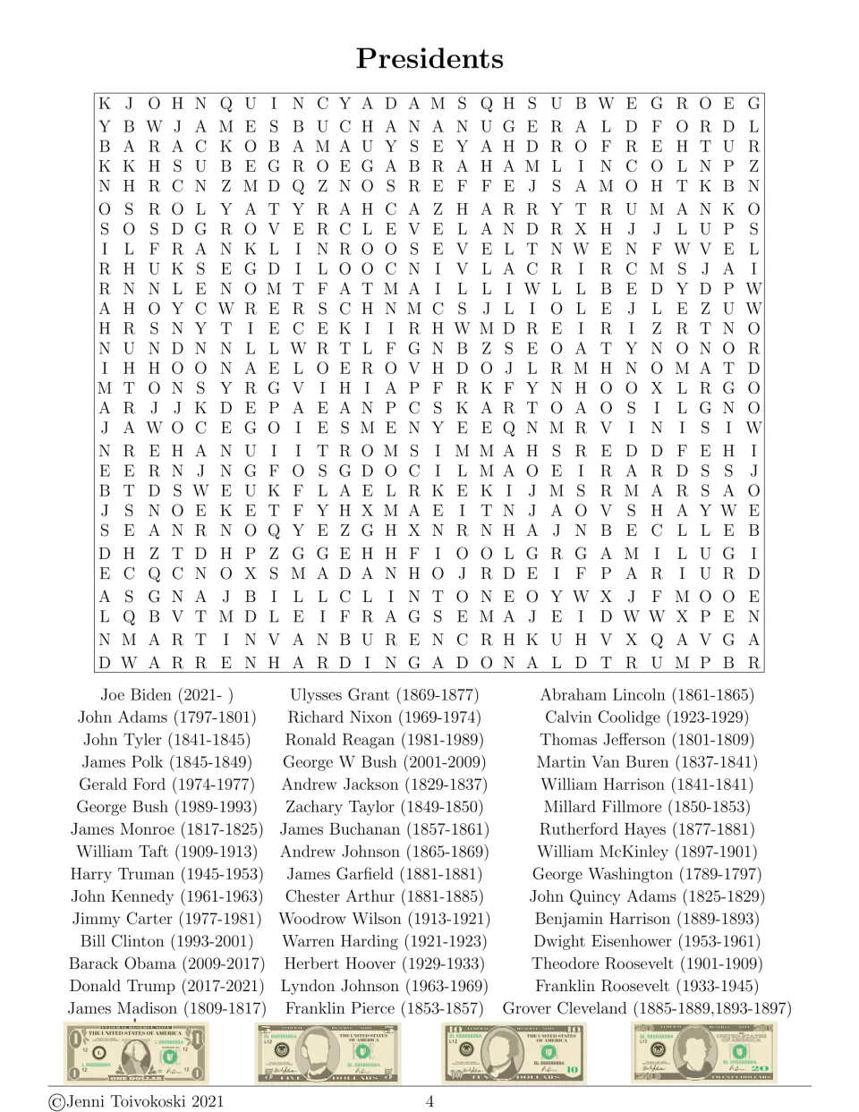Presidents word search: students find US presidents' names, shown with term years, from George Washington to Joe Biden