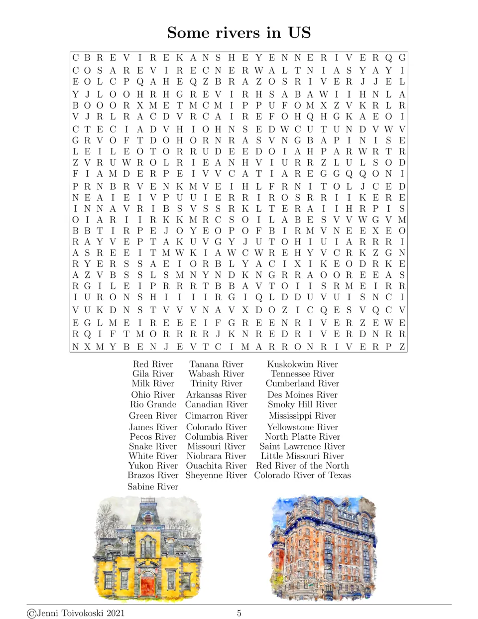 Some rivers in US word search: students find river names such as the Mississippi, Yukon, Snake, Ohio and Rio Grande