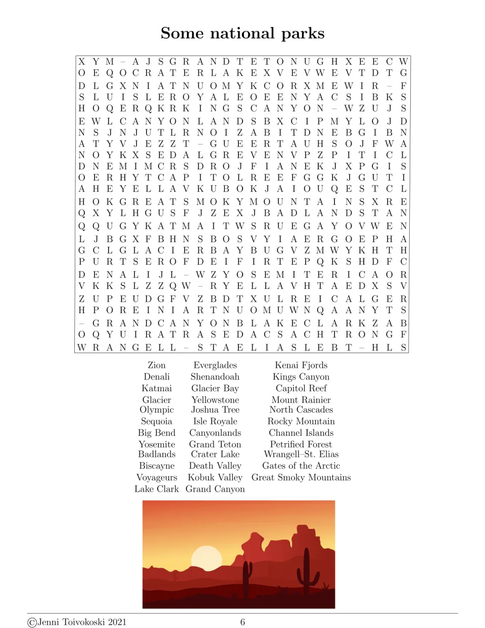 National parks word search: students find park names such as Zion, Denali, Yellowstone, Everglades and Gates of the Arctic