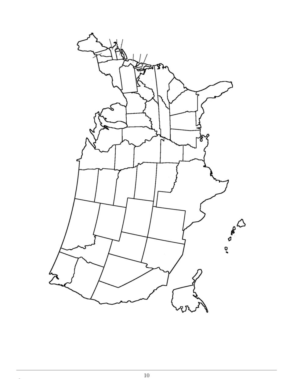 Map labeling: blank outline of the contiguous US states, turned sideways, with pointer lines for small Northeast states
