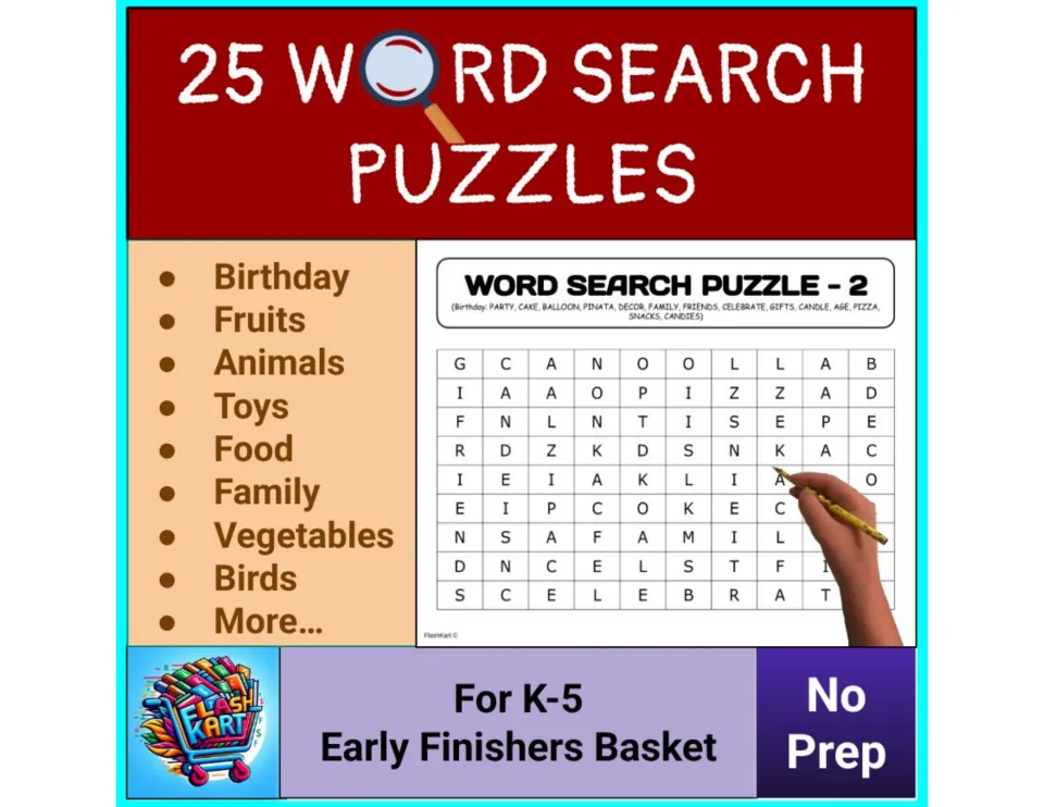 Cover for 25 Word Search Puzzles: topics include birthday, fruits, animals, toys, food, family, vegetables and birds