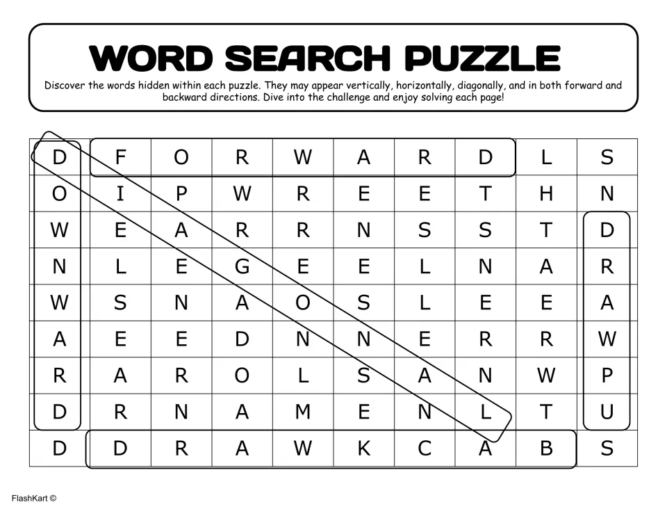 How-to example: FORWARD, BACKWARD, UPWARD, DOWNWARD and DIAGONAL circled to show the directions hidden words can run