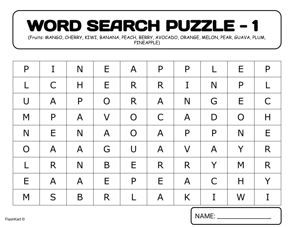 Fruit word search 1: students find 13 fruit names such as mango, kiwi, avocado, guava and pineapple in the grid