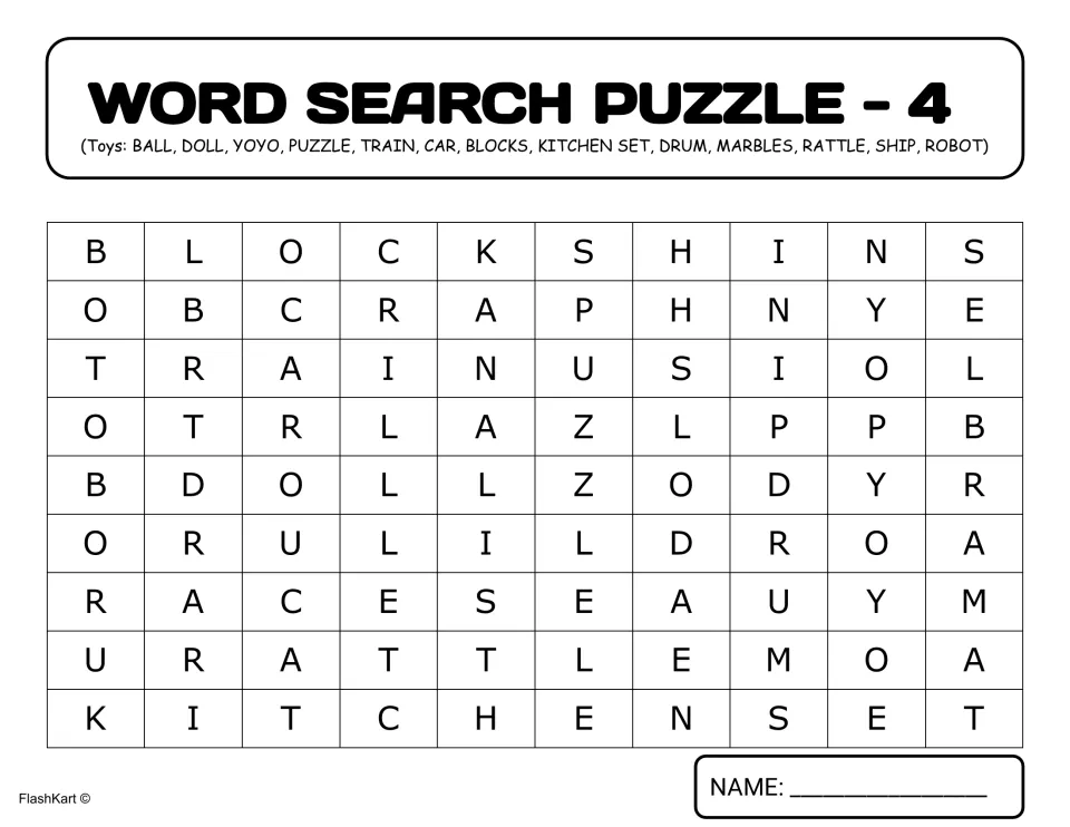 Toys word search 4: students find toy words such as yoyo, puzzle, blocks, kitchen set, marbles, rattle and robot