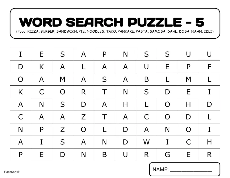 Food word search 5: students search for dishes like burger, noodles, taco, pancake, samosa, dahl, dosa, naan and idli