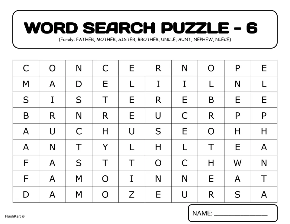 Family word search 6: students find 8 relative words: father, mother, sister, brother, uncle, aunt, nephew and niece