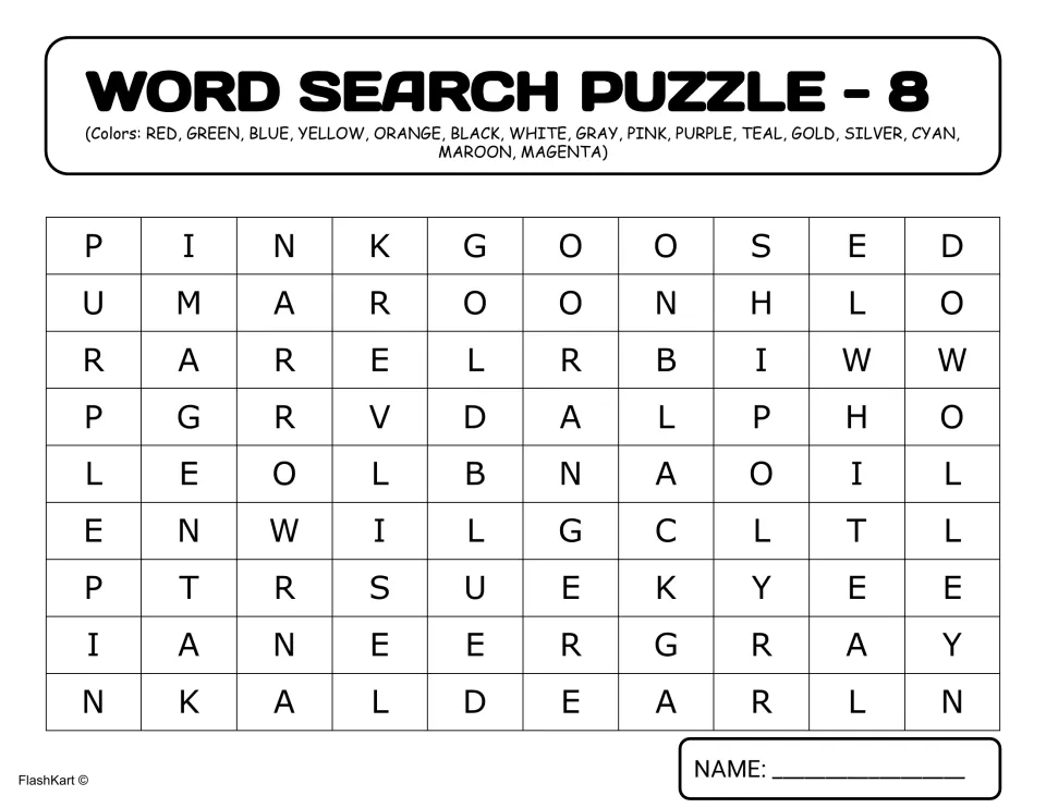 Colors word search 8: students find 16 color words from red and green to teal, cyan, maroon and magenta
