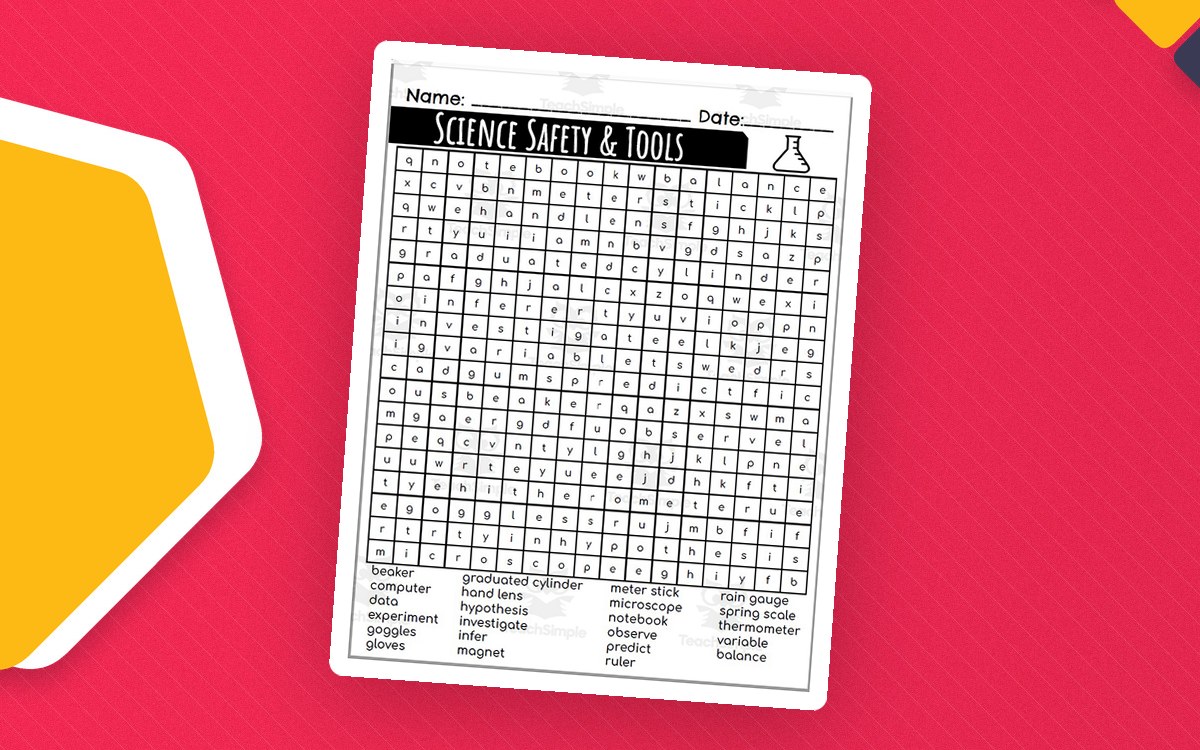 Science safety and tools word-search grid with a vocabulary list beneath it.