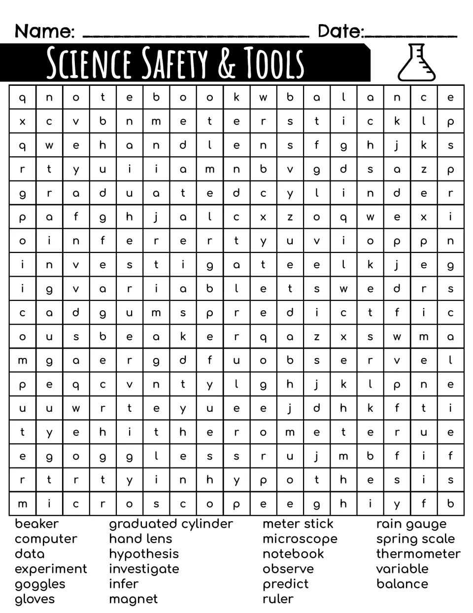 Science safety and tools word search: students find 23 terms like beaker, goggles, hypothesis, spring scale and microscope
