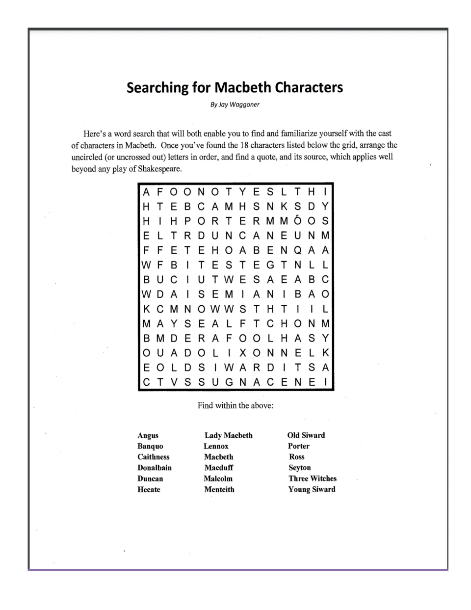 Macbeth cast word search: students find 18 characters such as Banquo and Macduff, then order leftover letters into a quote