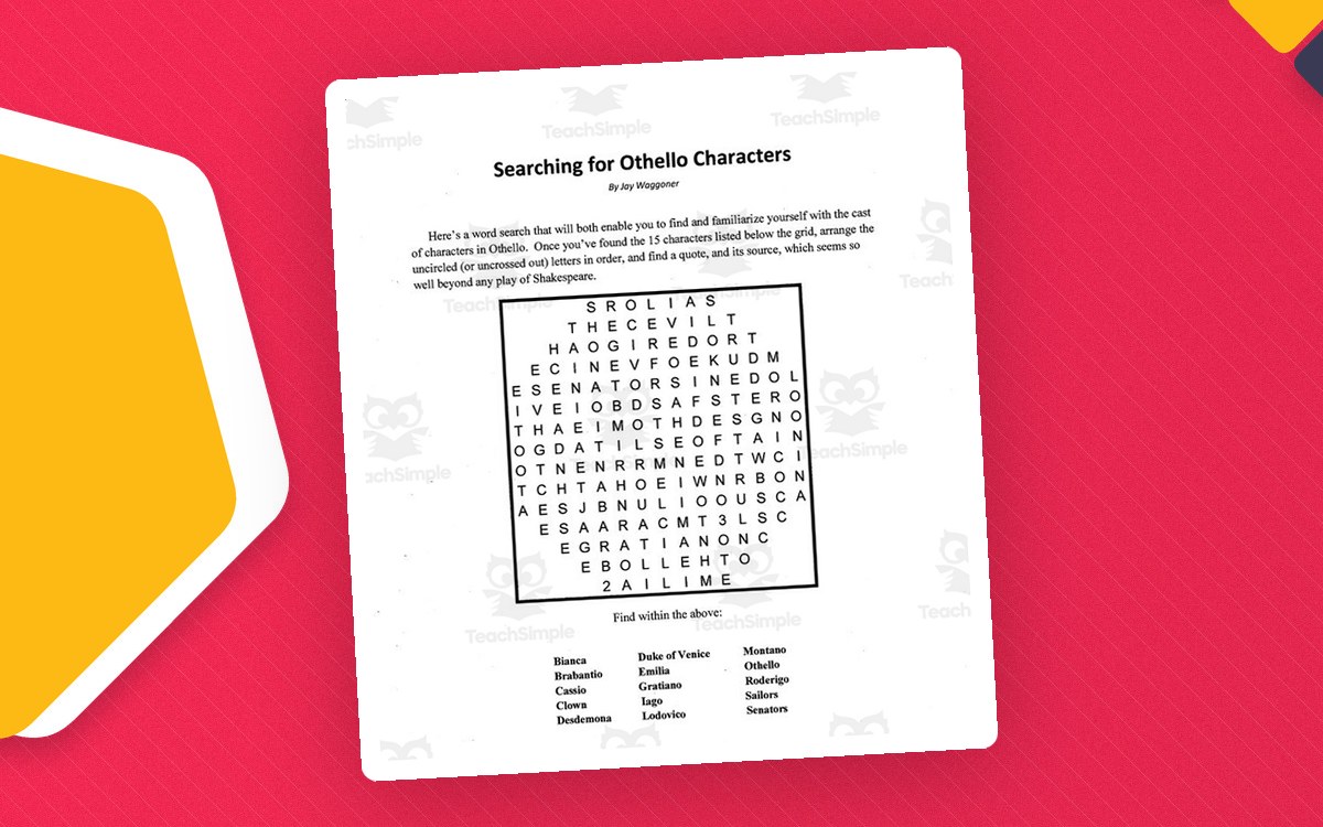 Word Search: Searching for Othello Characters 2 preview: Othello character word-search grid