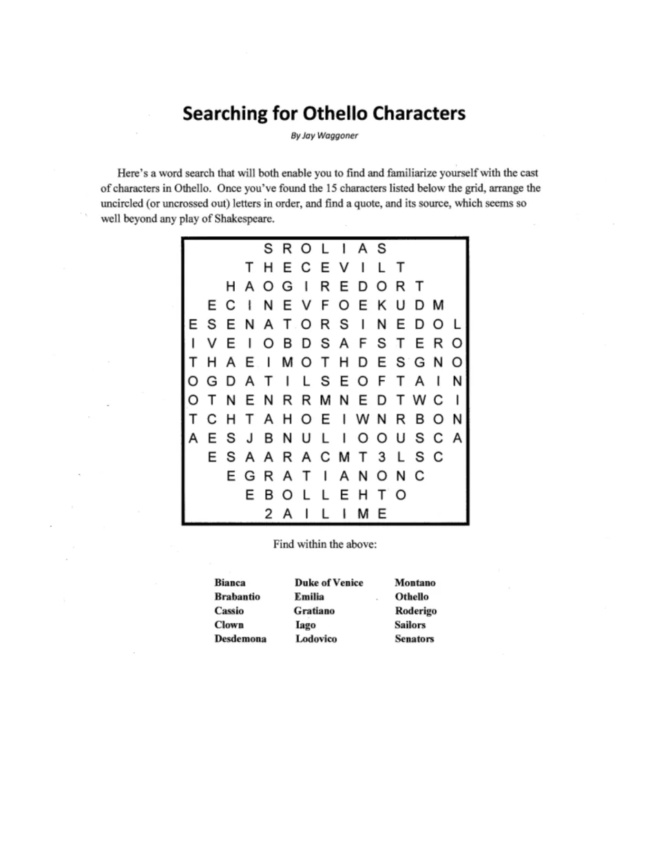 Othello character word search: find 15 names, including Bianca and Iago, then uncover a hidden quote.