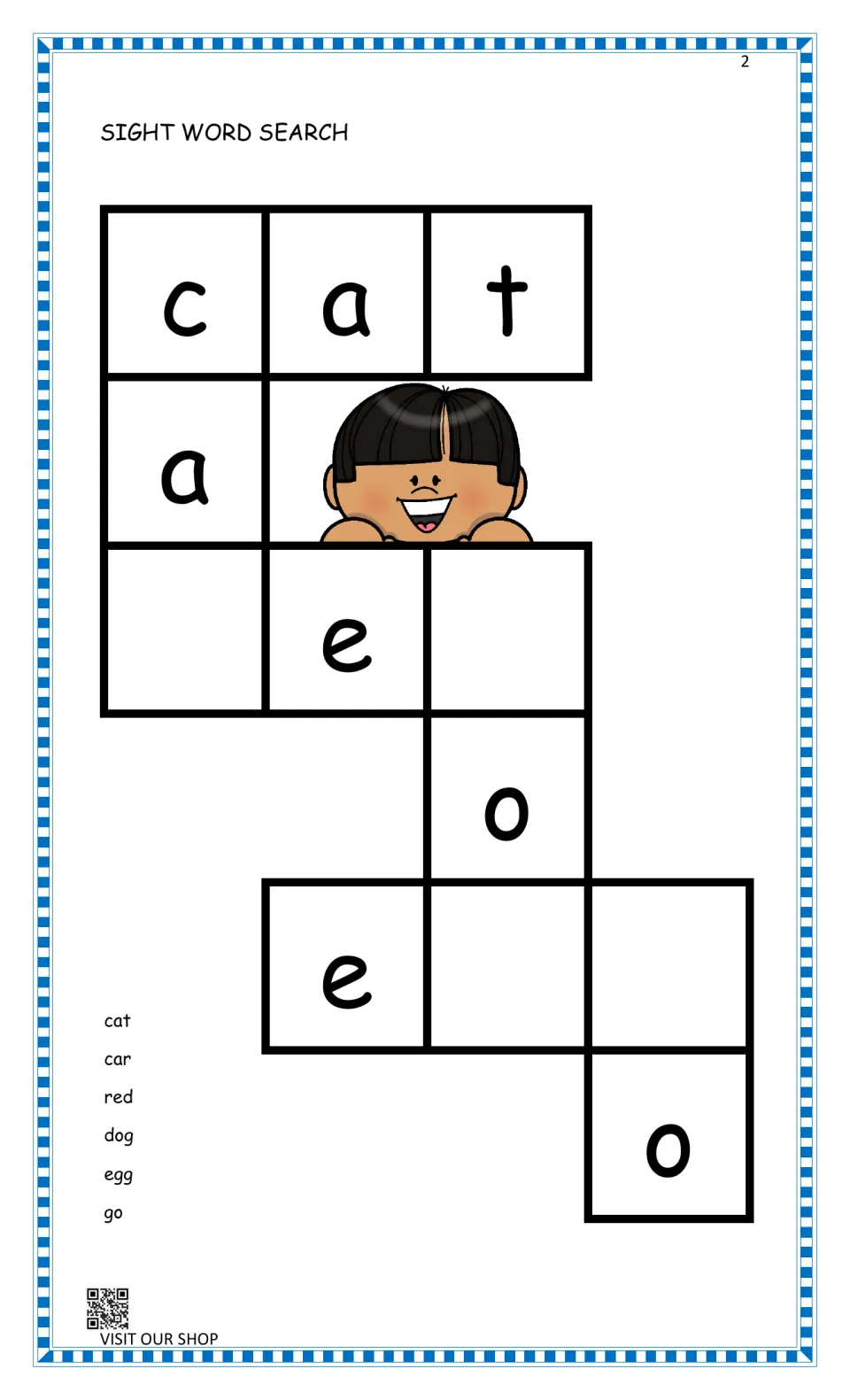 Sight word search: students fill missing letters in a criss-cross puzzle using cat, car, red, dog, egg and go