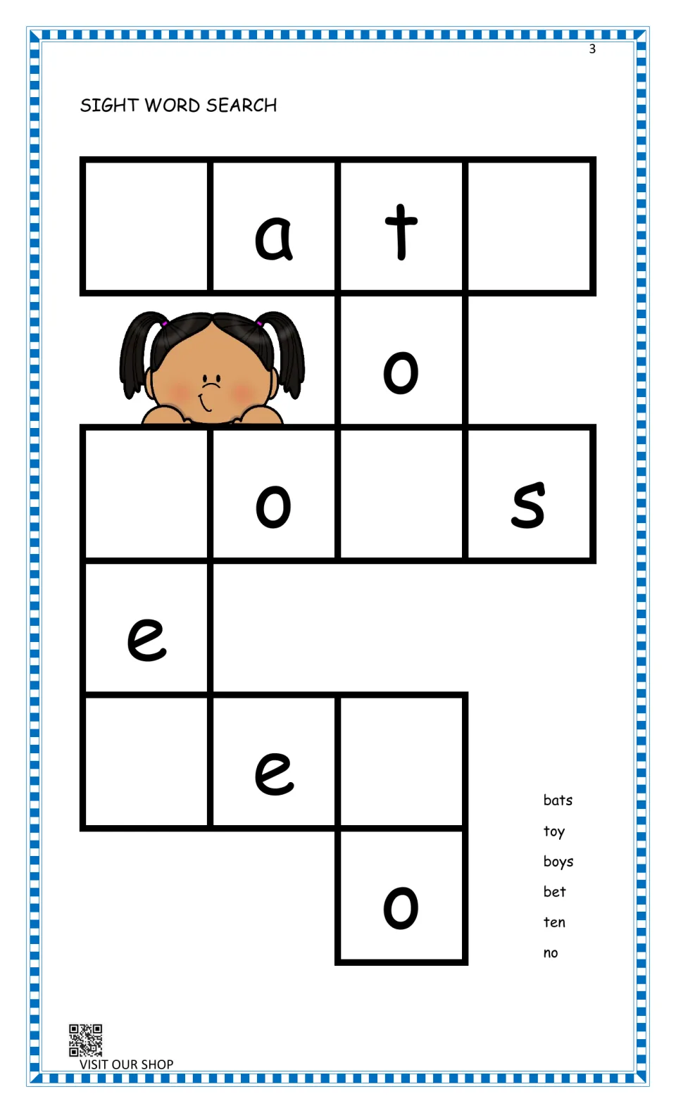 Sight word search: students complete letter gaps in a crossword-style puzzle with bats, toy, boys, bet, ten and no