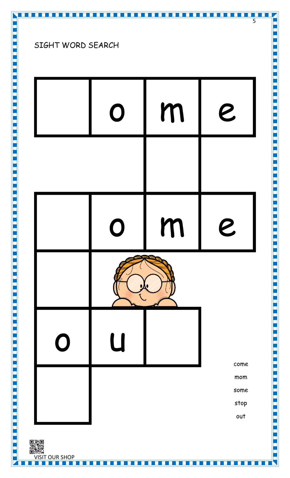 Sight word puzzle for come, mom, some, stop and out: students write the missing letters to finish each crossing word