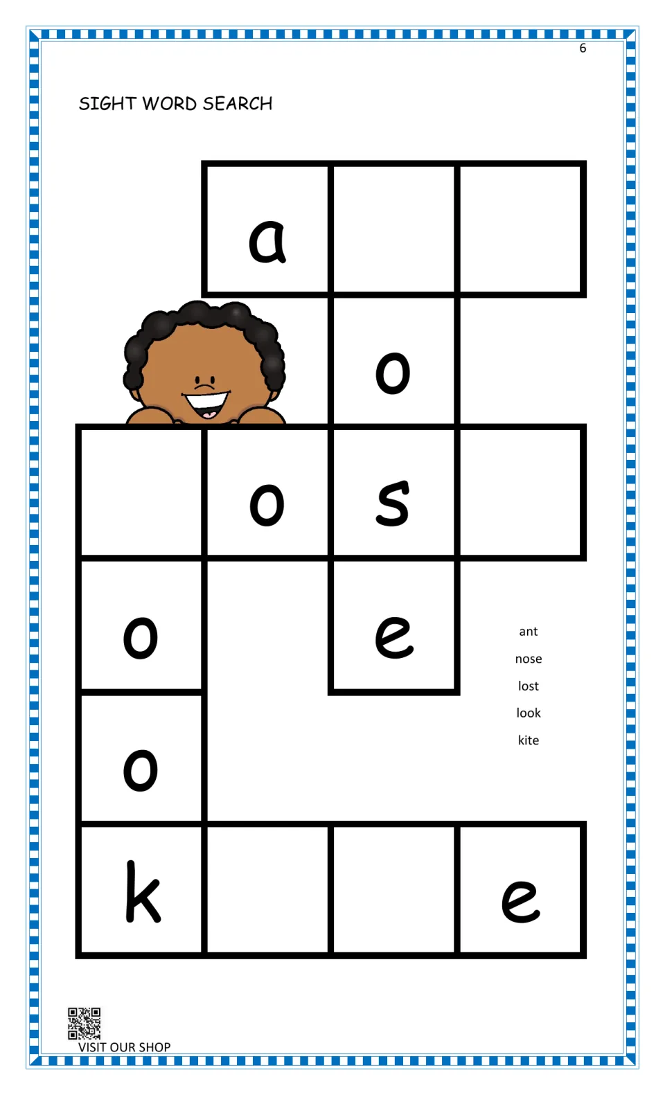 Sight word search with ant, nose, lost, look and kite: students fill blank letters so the crossing words are spelled