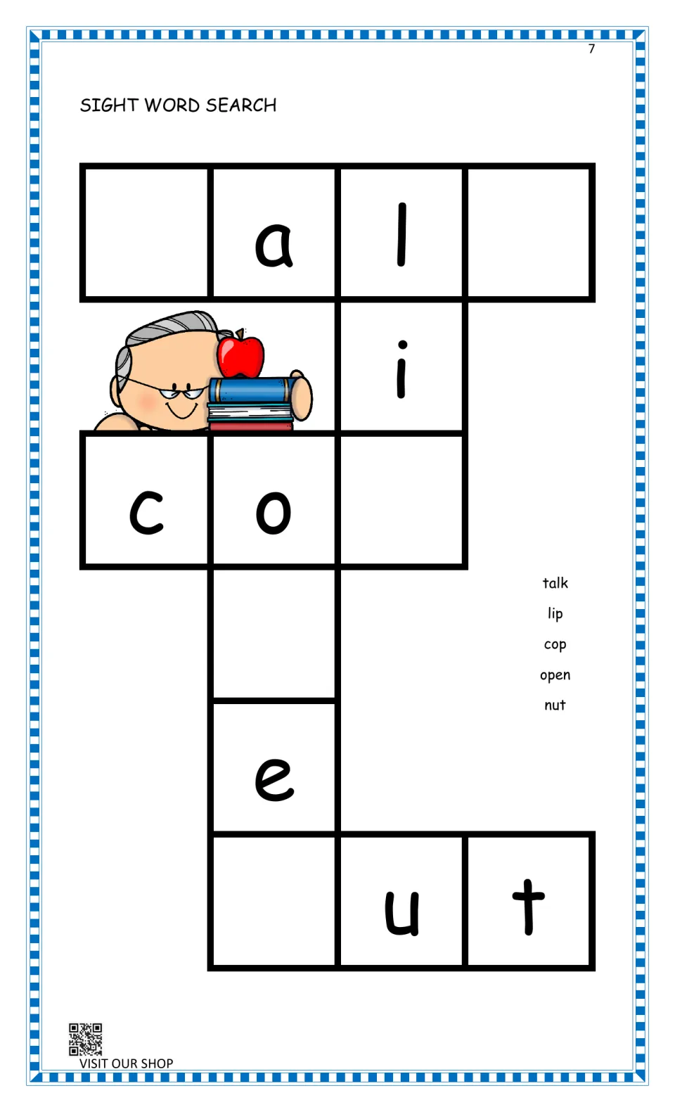 Sight word search with talk, lip, cop, open and nut: students write the missing letters where the puzzle words cross