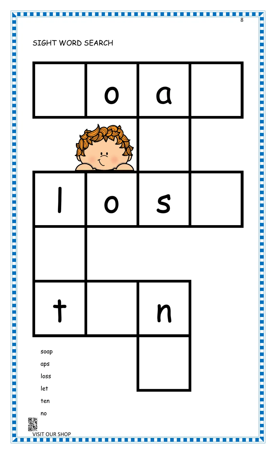 Sight word puzzle with soap, aps, loss, let, ten and no: students supply missing letters to spell each crossing word