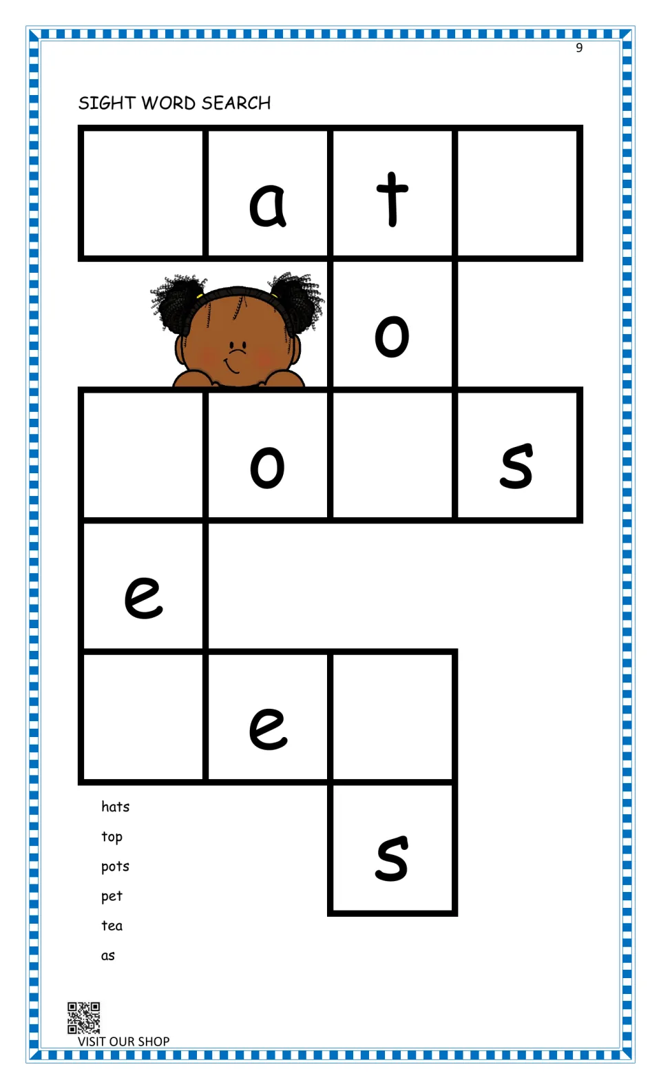 Sight word puzzle with hats, top, pots, pet, tea and as: students fill in missing letters to finish the crossing words