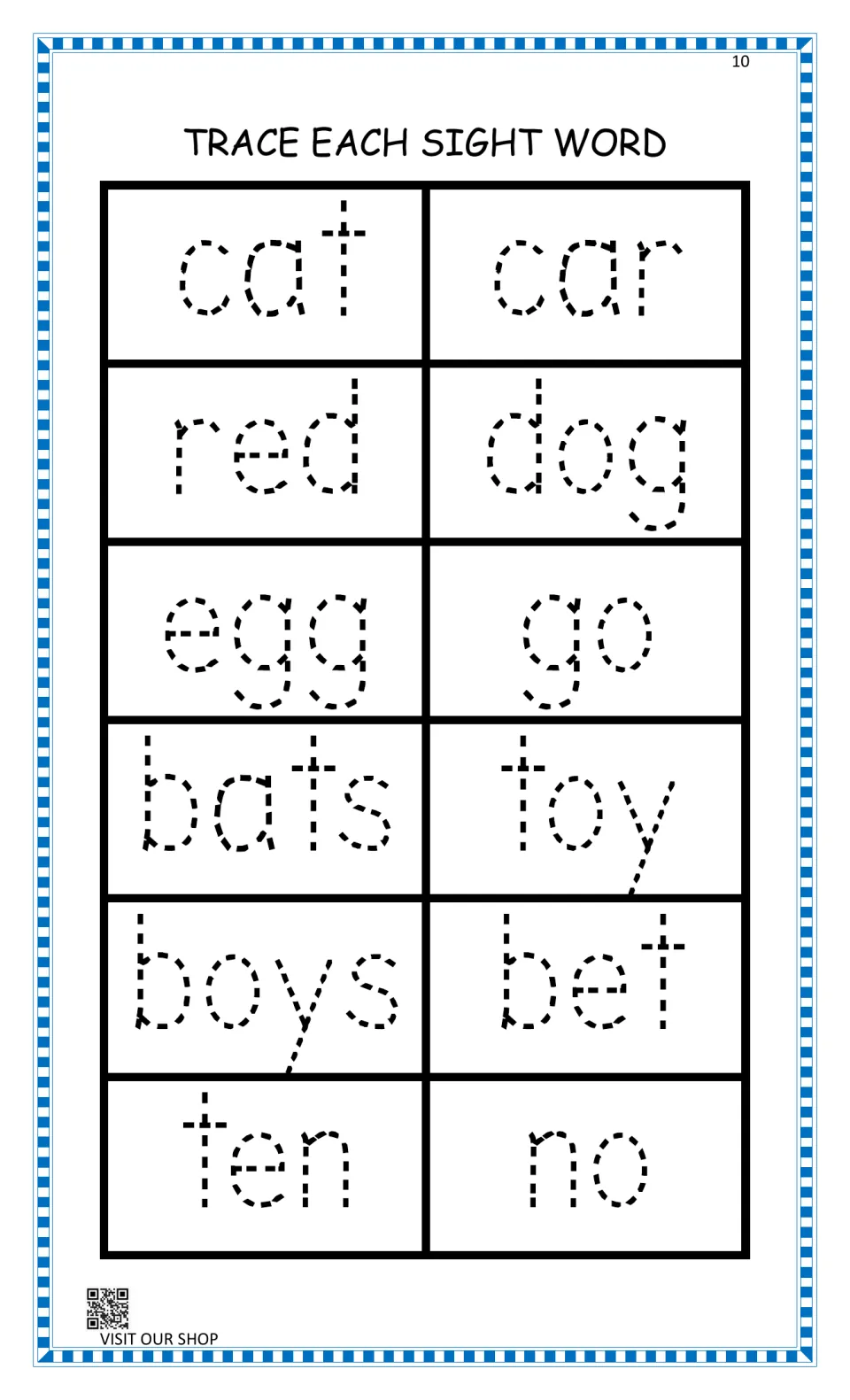 Handwriting practice: students trace dotted sight words cat, car, red, dog, egg, go, bats, toy, boys, bet, ten and no