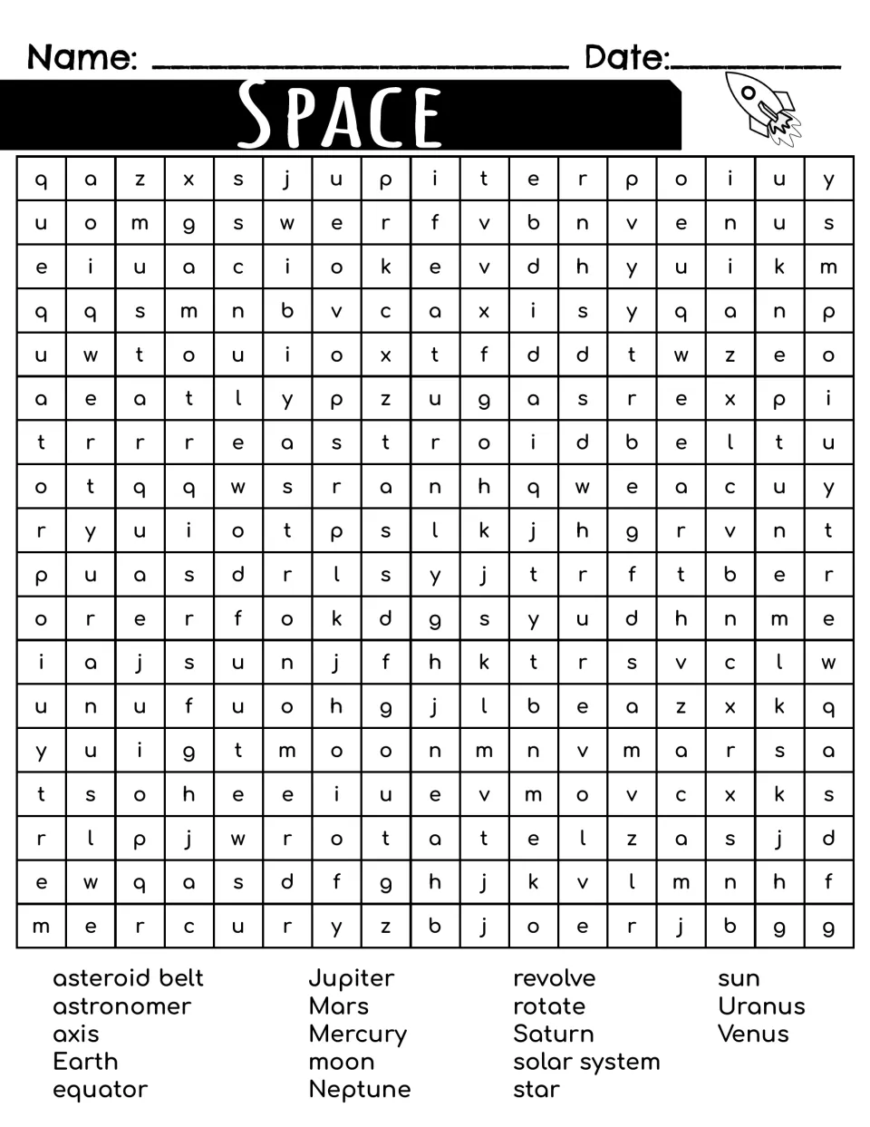 Space vocabulary word search: students find 18 words such as Jupiter, axis, revolve and asteroid belt hidden in the puzzle